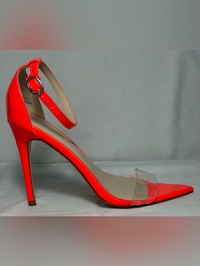 Women’s Neon Orange Ankle-Strap Clear Band High Heel Sandals